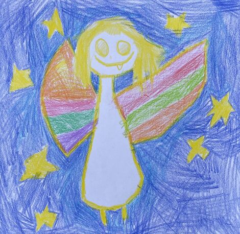 Ein Engel mit Regenbogen-Flügeln